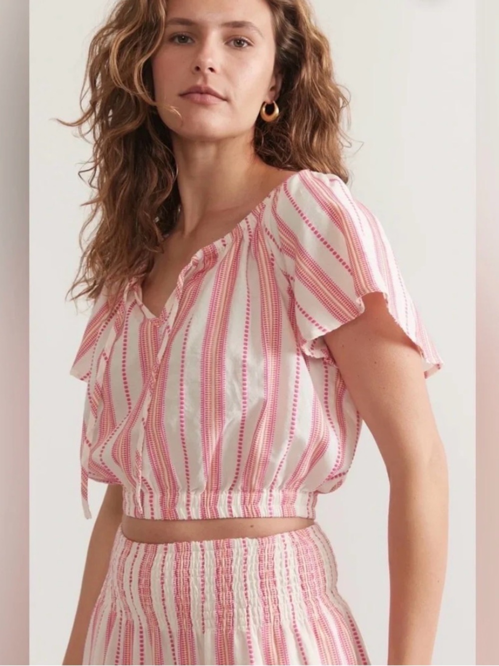 Marine Layer Tiana Textured Summer Elastic Hem Cropped Blouse Medium